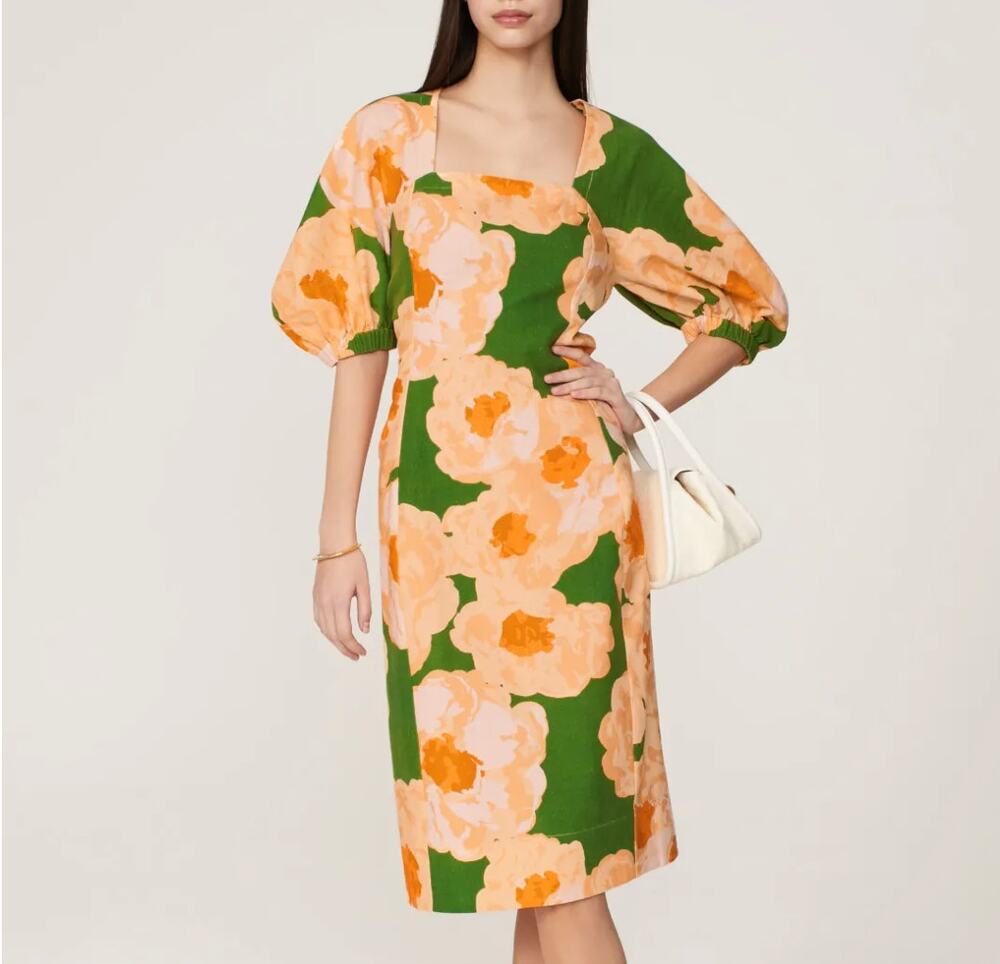 Eudon Choi Floral Midi Dress SIZE 12 Party Vacation Linen Cottage Designer $300